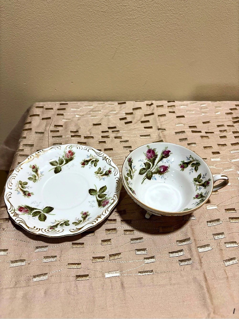 SAJI Fancy China Floral Teacup & Saucer in White & Pink Like New